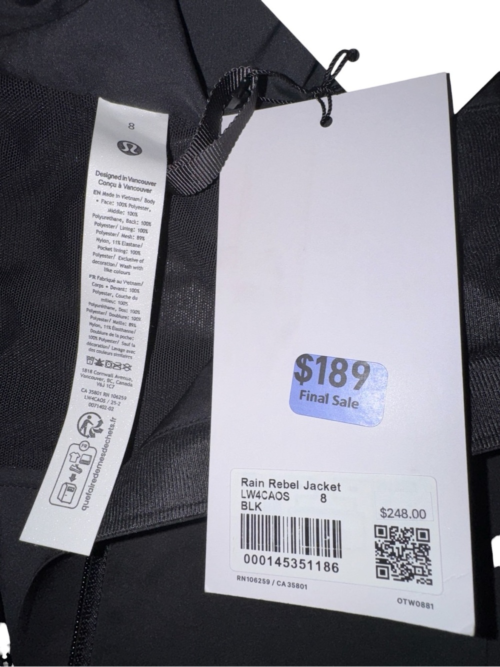 Lululemon Rain Rebel Jacket Black NWT Waterproof Raincoat Sizes 8 & 10 - Picture 8 of 15